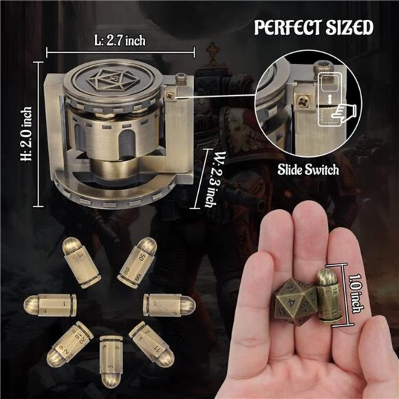 Metal Polyhedral Bullet Dice Set of 7 with Spinning Revolver Cylinder Container - Picture 4 of 6